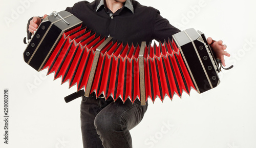 Schilderij op canvas GOMEL, BELARUS - FEBRUARY 14, 2019: a bandoneon musical instrument in the hands of a musician