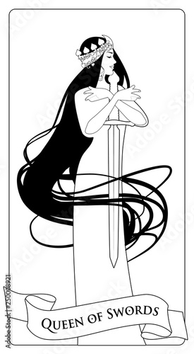 Outlines Queen of Swords with spades crown, holding a sword surrounded by her long hair. Minor arcana Tarot cards. Spanish playing cards coloring.