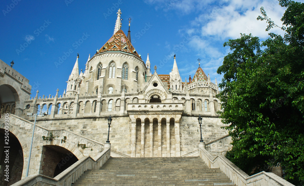 Scenic view of stairs of Fisherman's Bastion and Matthias church in the morning, Castle hill in Buda, beautiful architecture, sunny day, Budapest, Hungary