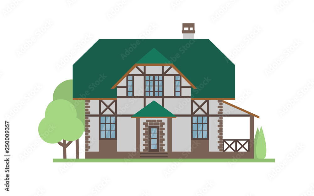 Cottage house facade flat vector illustration. Two-storey modern house, villa, cottage, townhouse, real estate architectural exterior. 