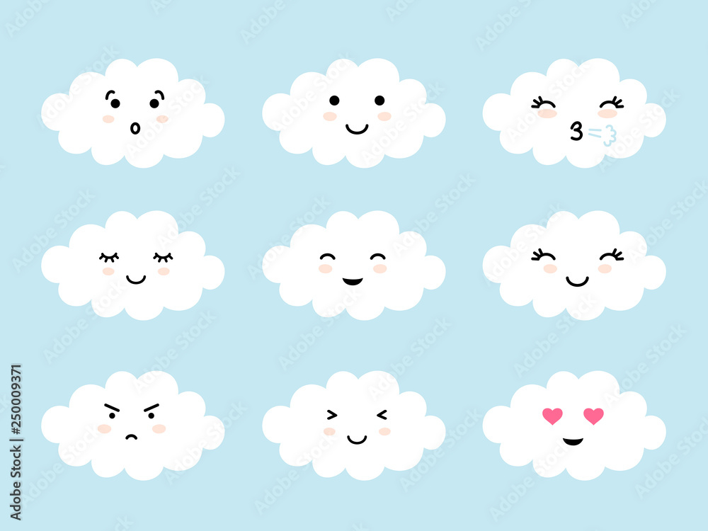 Set of cloud shaped emoji with different mood. Kawaii cute clouds emoticons and Japanese anime emoji faces expressions. Vector cartoon style comic icons set.