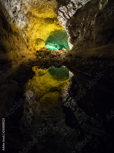 Interior of the Cueva de los Verdes in Lanzarote. Interior lighting of the cave.