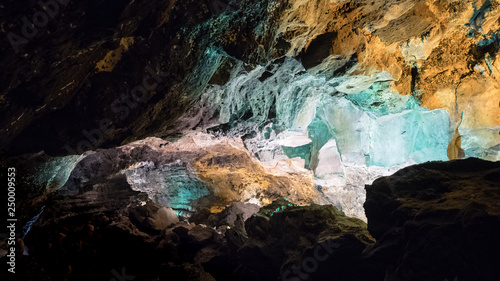 Interior of the Cueva de los Verdes in Lanzarote. Interior lighting of the cave.