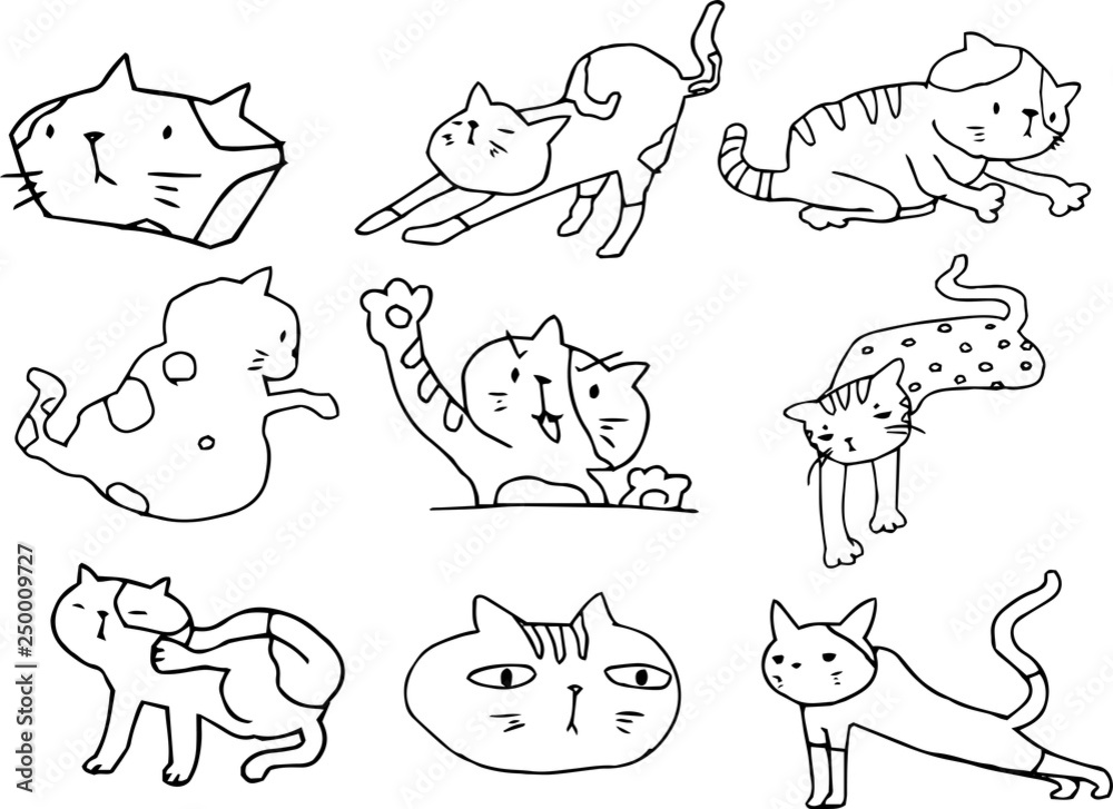 Bad hand-painted pretty cat illustration outline set Bad hand-painted pretty cat illustration outline set