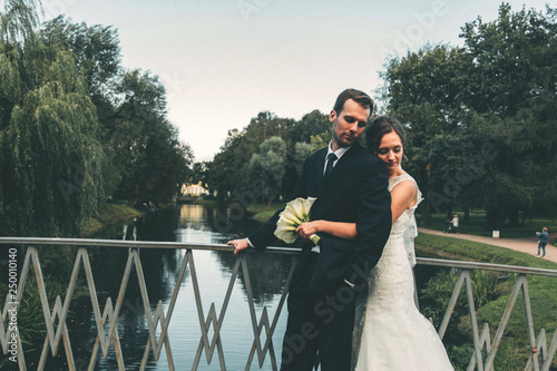 Wedding day. The couple on the bridge in the leaves of the willow photo