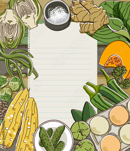 Fresh vegetables on wooden background with white paper.