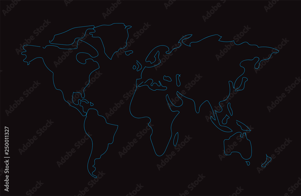 Hand drawn outline World Map blue neon color vector background