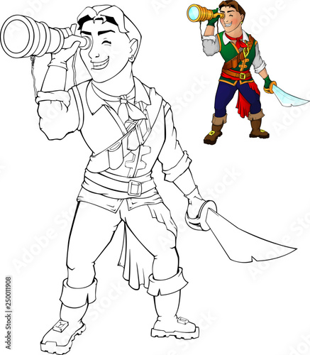 Coloring cartoon pirate with a telescope and a saber. Coloring book for kids.