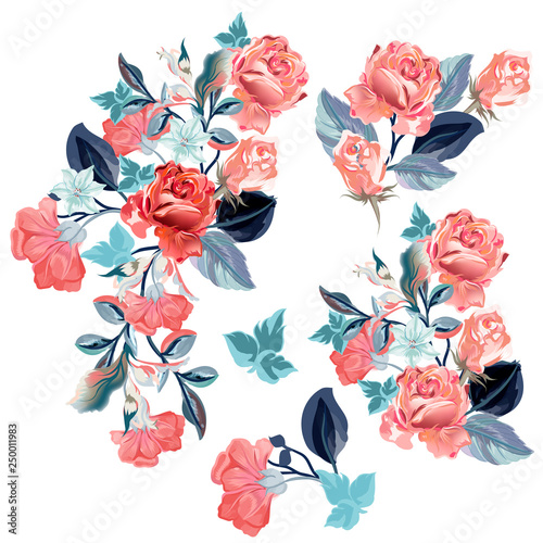Set of  vintage roses in watercolor style, vector