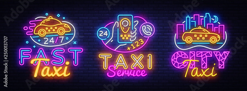 Big collectin neon signs for Taxi Service design template. Taxi neon logos concept, light banner design element colorful modern design trend, night bright advertising, bright sign. Vector