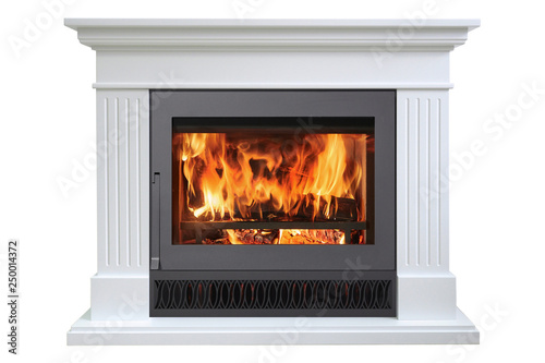 Burning classic fireplace of white marble  isolated on white