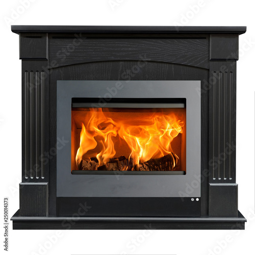 Dark wood fireplace isolated on white background