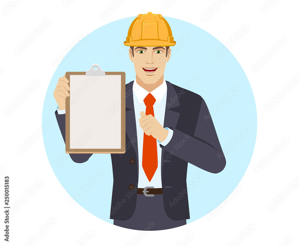 Self-promotion. Businessman in construction helmet holding the clipboard and pointing at himself Self-promotion. Businessman in construction helmet holding the clipboard and pointing at himself