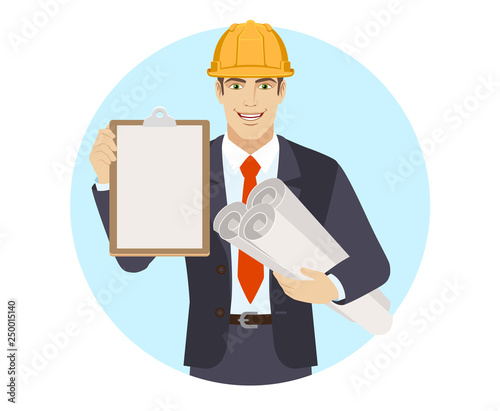 Businessman in construction helmet holding the project plans and clipboard