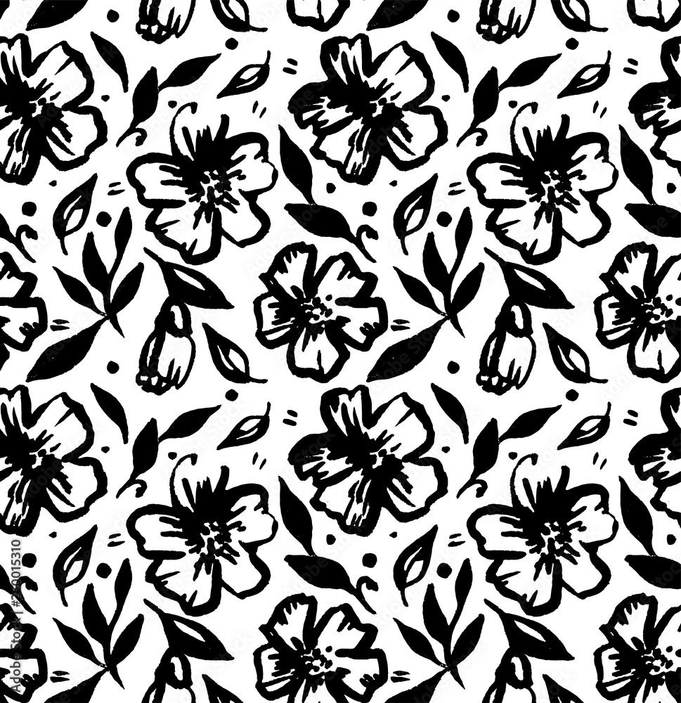Seamless pattern of flowers drawn by paint.