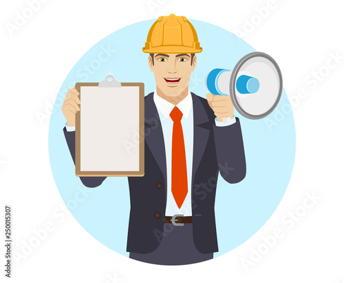 Businessman in construction helmet with loudspeaker holding the clipboard