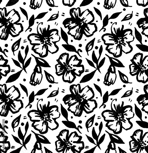 Seamless pattern of flowers drawn by paint.