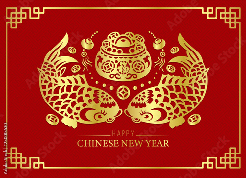 Happy Chinese new year greeting card with gold paper cut lucky twin fish and money bag on red background vector design