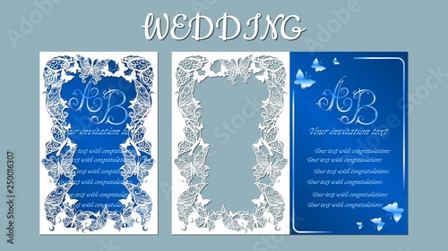 Vector illustration postcard. Invitation and greeting card with abstract butterfly. Pattern for the laser cut. plotter cutting. inscription-wedding.