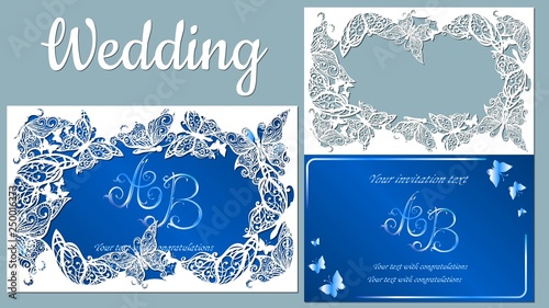 Vector illustration postcard. Invitation and greeting card with abstract butterfly. Pattern for the laser cut. plotter cutting. inscription-wedding.
