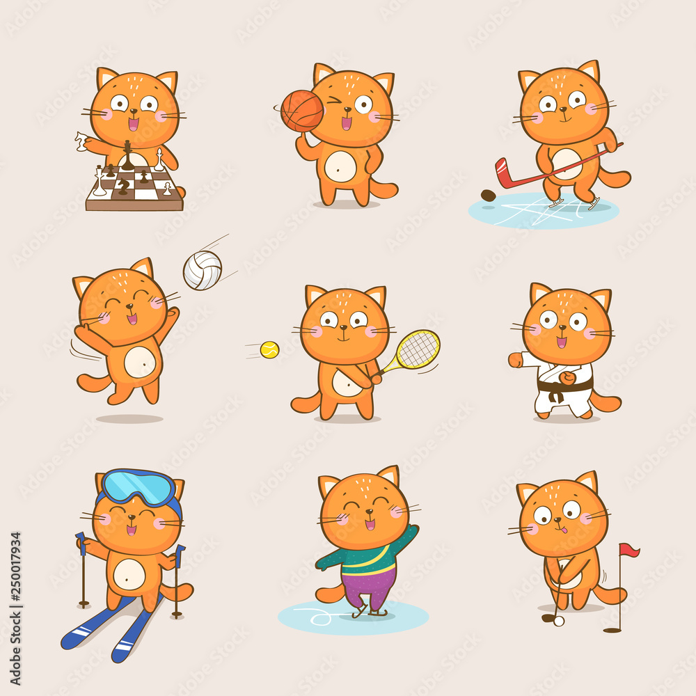 Set of cute cartoon cat character representing different sports: chess, basketball, hockey, volleyball, tennis, karate, skiing, figure skating, golf. Sport and health vector collection Set of cute cartoon cat character representing different sports: chess, basketball, hockey, volleyball, tennis, karate, skiing, figure skating, golf. Sport and health vector collection
