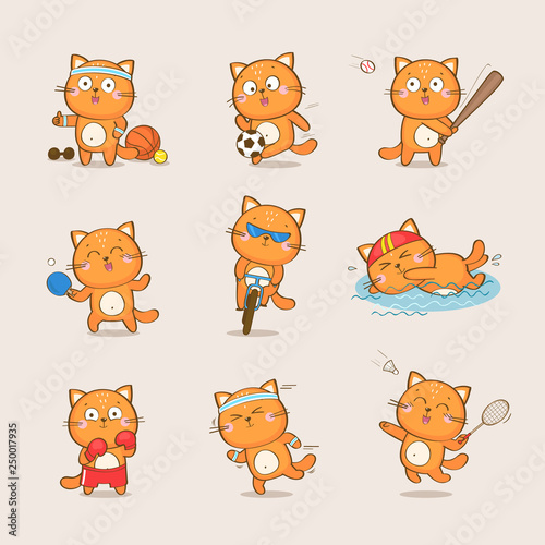 Set of cute cartoon cat character representing different sports: football, baseball, table tennis, cycling, swimming, boxing, running, badminton. Sport and health vector collection