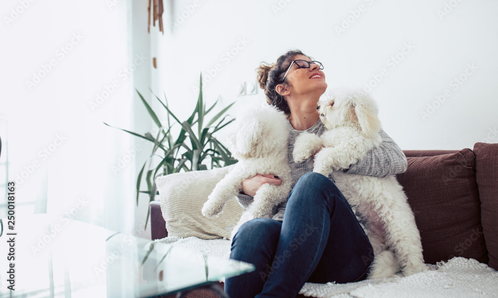 Yong woman kisses her dog. Young woman enjoy with her dogs at home Yong woman kisses her dog. Young woman enjoy with her dogs at home