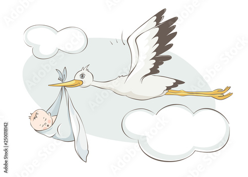 Stork bears child. Vector illustration with a newborn baby.