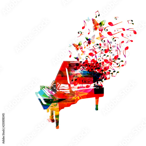 Fototapeta Kolorowy pianino z muzyką zauważa odosobnionego wektorowego ilustracyjnego projekt. Tło muzyczne. Plakat z instrumentami muzycznymi i nutami, plakat festiwalowy, koncerty na żywo, ulotka imprezowa