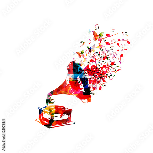 Colorful gramophone with music notes isolated vector illustration design. Music background. Retro phonograph with music notes, music festival poster, concert events, party flyer