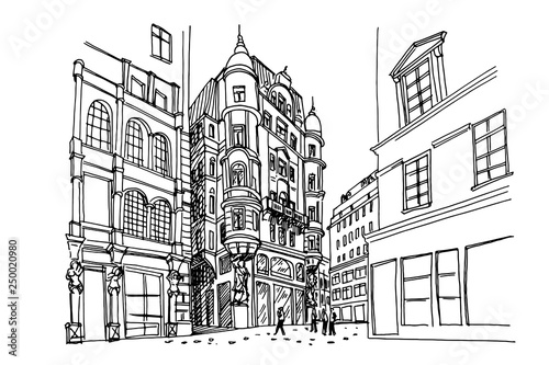 vector sketch of architecture in Graben street in Vienna  Austria.