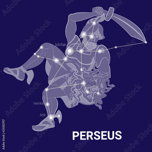 Perseus constellation, stars and greek hero illustration photo