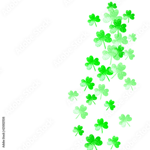 Saint patricks day background with shamrock. Lucky trefoil confetti. Glitter frame of clover leaves. Template for gift coupons, vouchers, ads, events. Greeting saint patricks day backdrop.