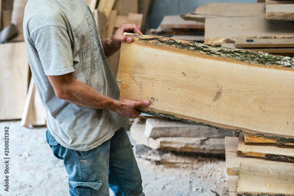 High quality wood concept. Cropped photo profile side view of cabinetmaker or handcraft man hold heavy wood plank in hands choose chose material make furniture in garage or workroom