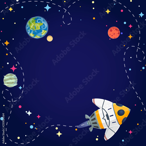 Wallpaper Mural Frame with spaceship, planets, and stars in open space. Vector illustration cartoon style Torontodigital.ca
