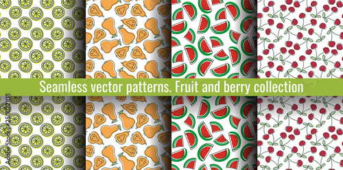 Seamless pattern set. Juicy fruit and berry collection. Lemon, pear, cherry, watermelon. Hand drawn color vector sketch background. Colorful doodle wallpaper. Summer print
