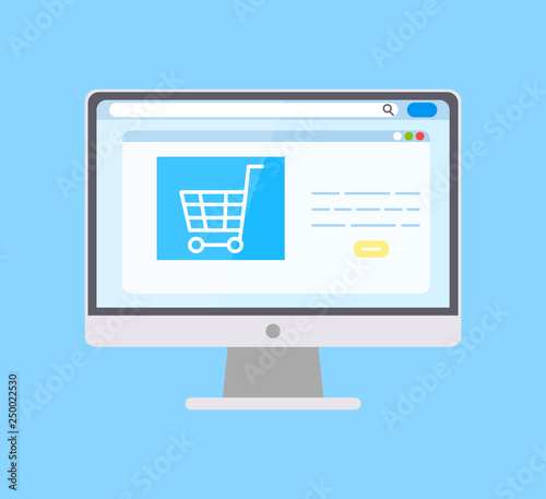 Monitor of computer, opened homepage of shopping website. Web page with empty buttons and truck icon. Electronic gadget and purchase online vector