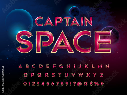 SuperHero font. Metallic effect letters and numbers on an universe background.