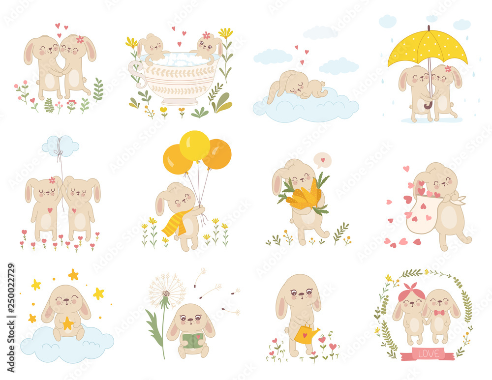 Vector sticker collection with cute spring rabbits