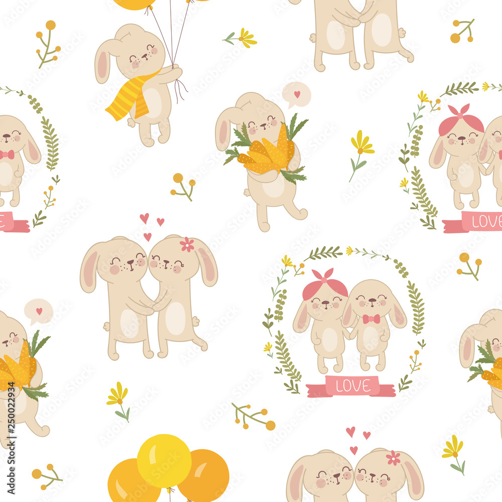 Vector seamless pattern with cute rabbits and flowers