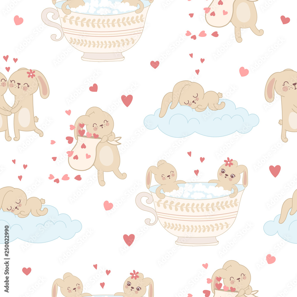 Fototapeta premium Vector seamless pattern with cute rabbits and hearts