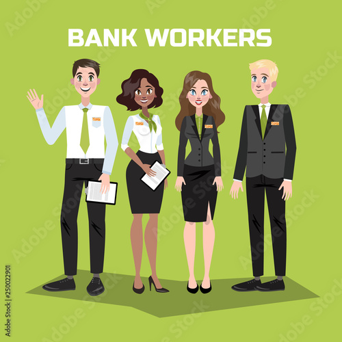 Bank staff in suit. Women and men
