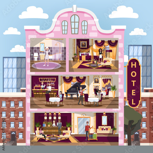 Hotel building interior. Restaurant and reception, room