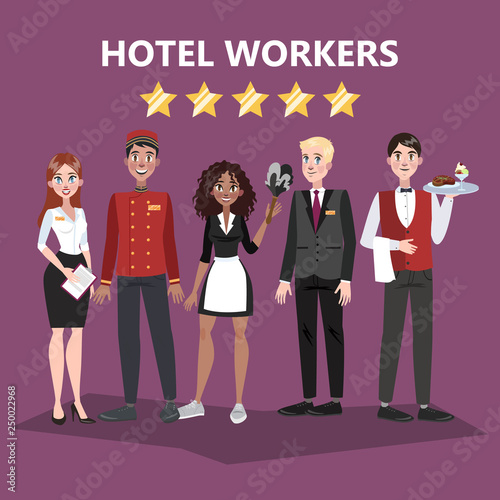 Hotel staff. People in uniform. Receptionist and waiter