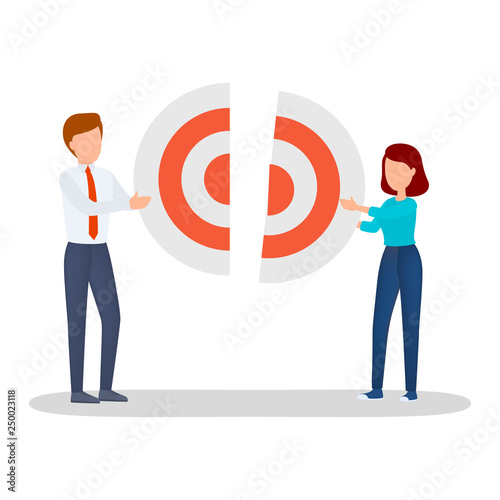People holding target pieces. Idea of teamwork