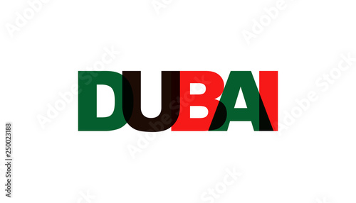 Dubai, phrase overlap color no transparency. Concept of simple text for typography poster, sticker design, apparel print, greeting card or postcard. Graphic slogan isolated on white background.