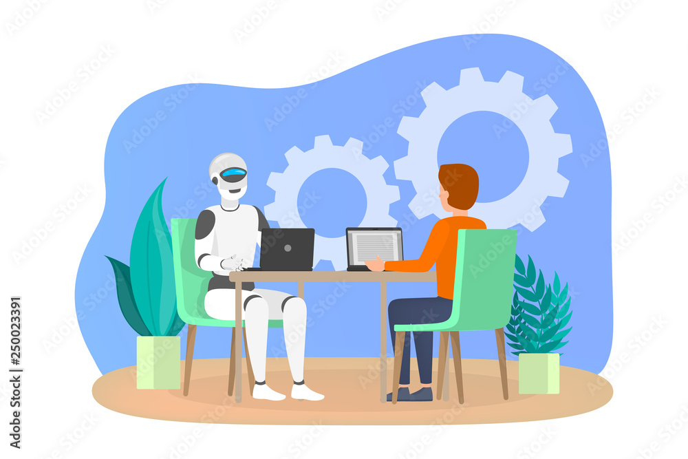 Man and robot working together in office.