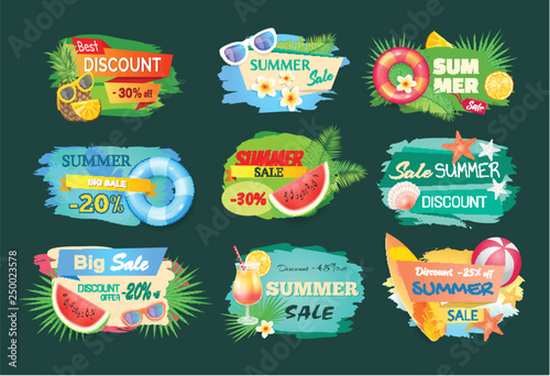 Summer discount banners set with summertime vector. Pineapple and cocktail, surfing board and saving ring and flowers in bloom. Promotion and offers