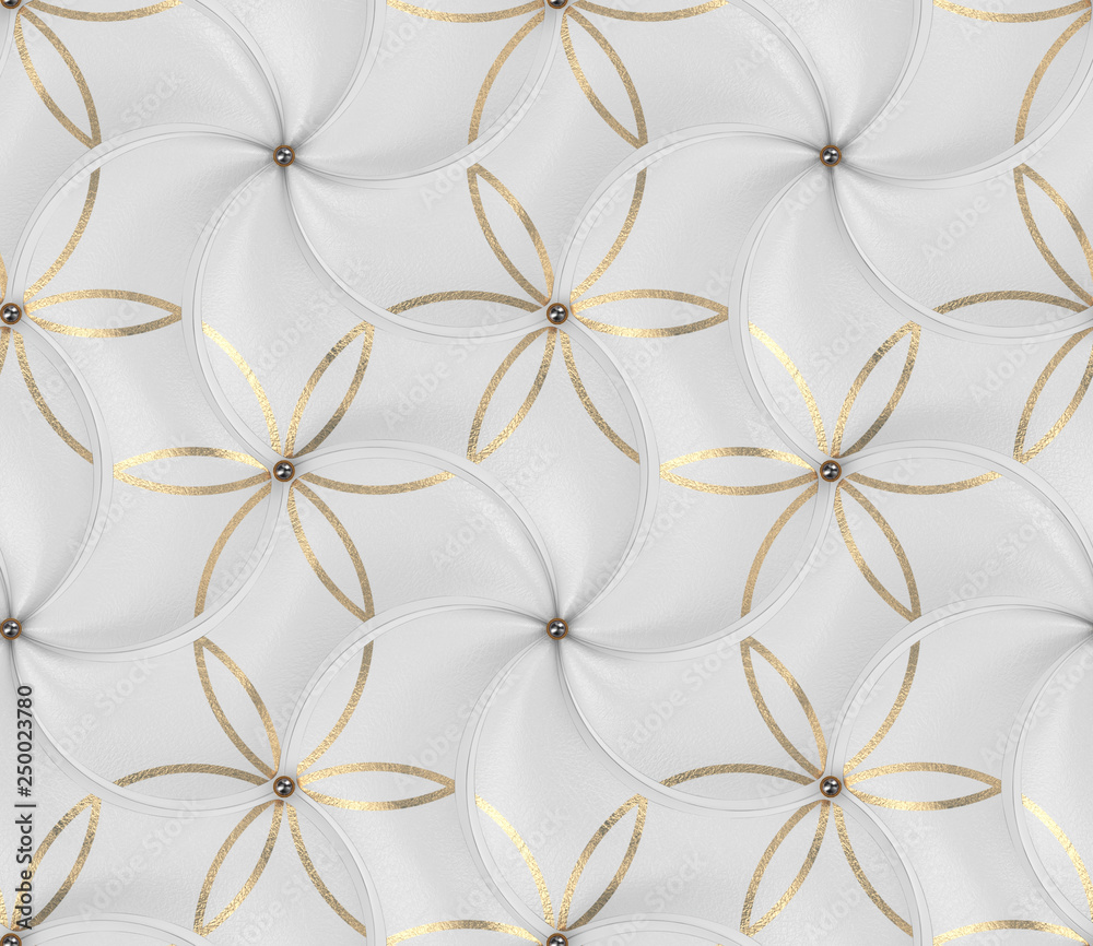 White leather 3d tiles with gold decor classic wallpaper. High quality  seamless realistic texture. ilustración de Stock | Adobe Stock