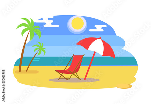 Summer beach with recliner under umbrella near sea. Palm trees, sun in blue sky, golden sand beside ocean or bay cartoon vector illustration isolated.